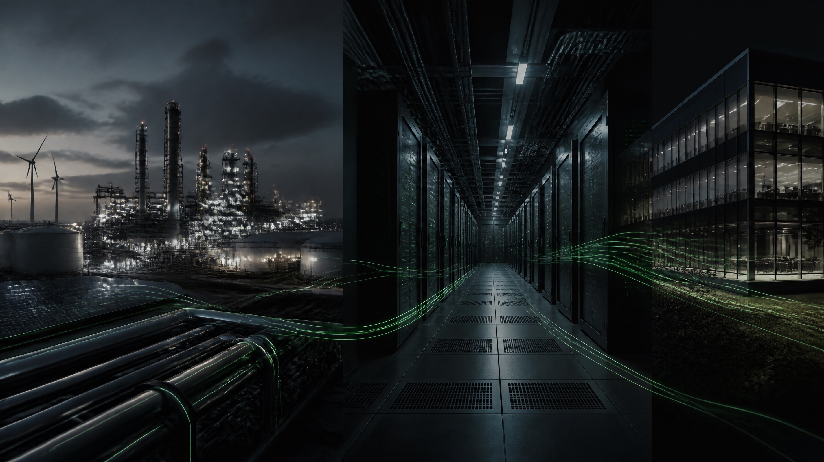 Energy infrastructure, a data centre and a commercial building connected by operational data