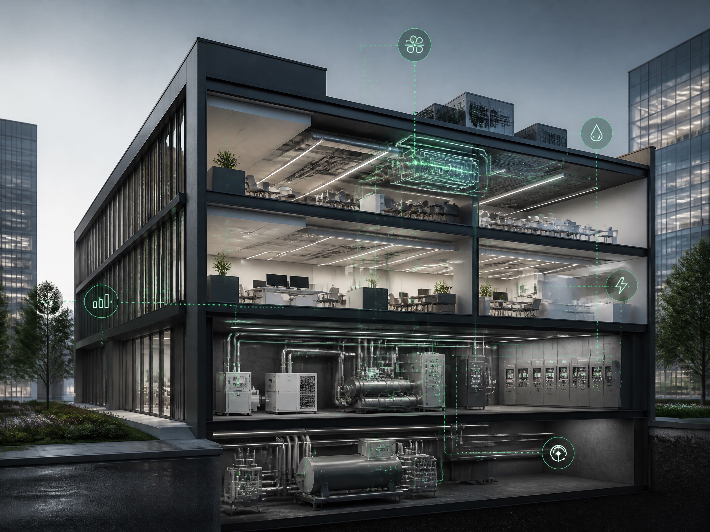Commercial building with connected HVAC and energy systems